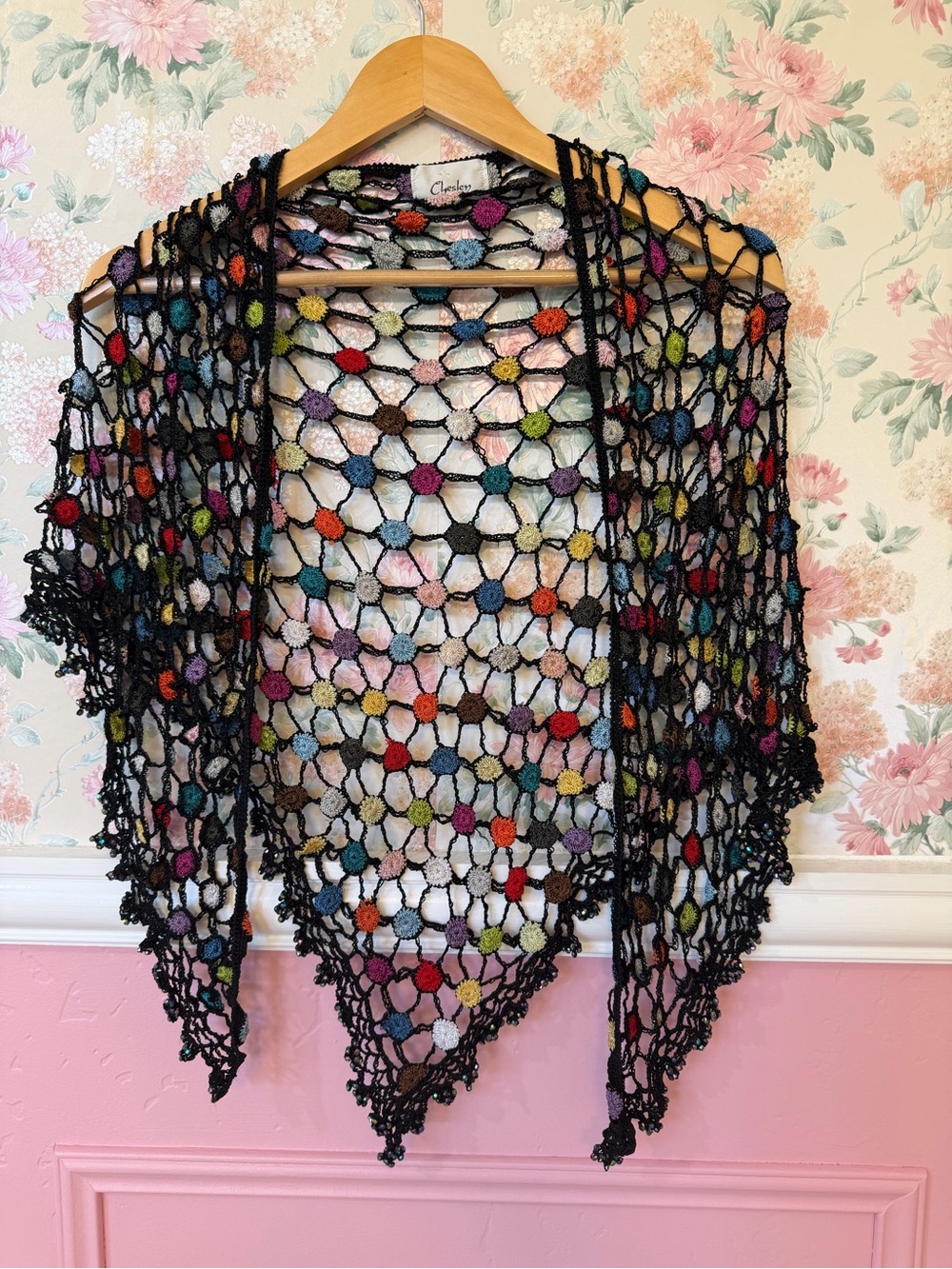 Chesley Black Open Crochet Shawl with Multicolor Dots